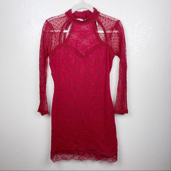 Free People Red Lace Long Sleeve Mini Dress Size M - Picture 2 of 5